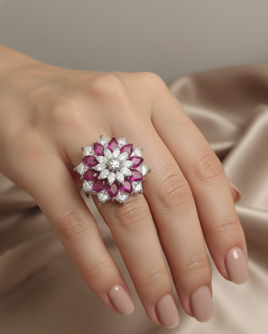 Floral American Diamond Pink Stone Statement Ring