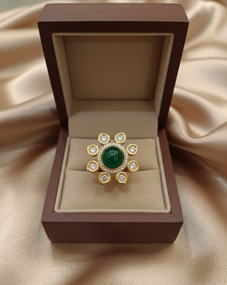 Elegant Green Stone Kundan Statement Ring