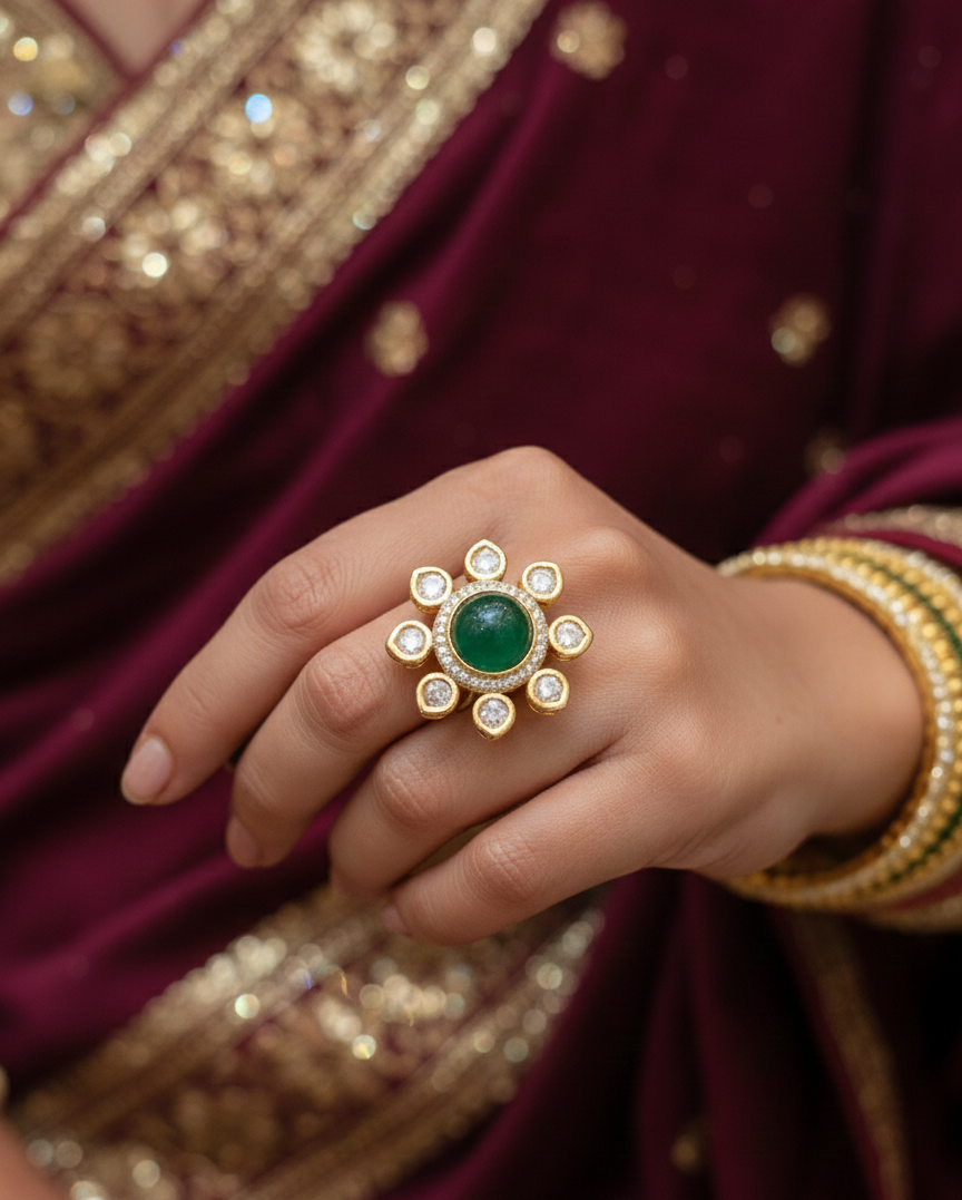 Elegant Green Stone Kundan Statement Ring