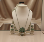 Contemporary Silver Replica Green Stone Jhumka Necklace Set