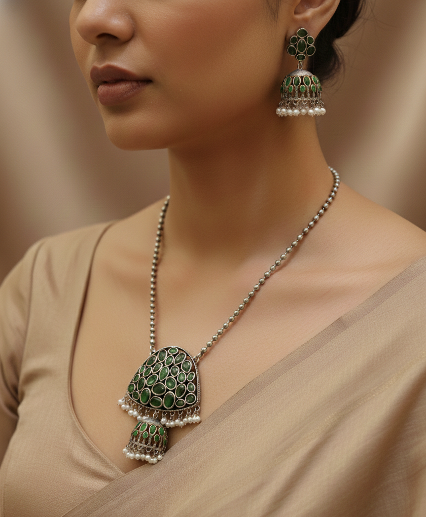 Contemporary Silver Replica Green Stone Jhumka Necklace Set