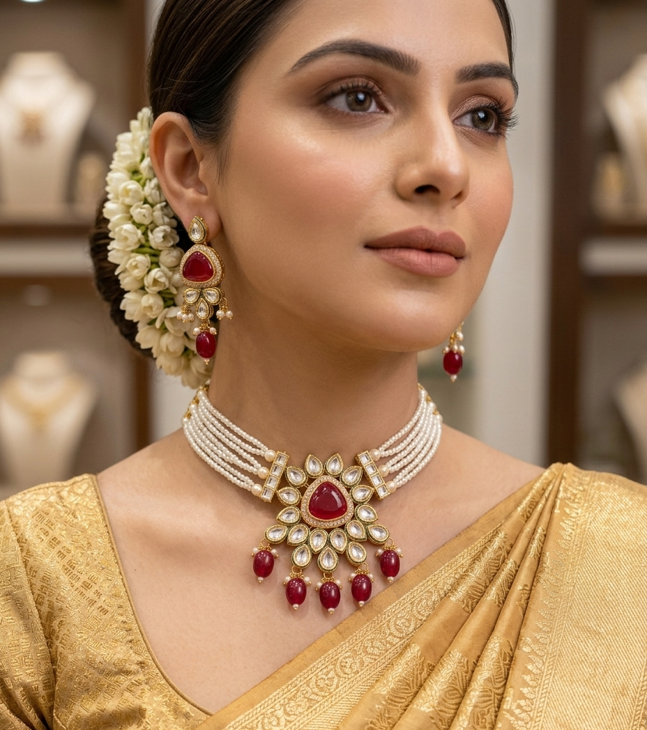 Regal Pearl & Ruby Statement Choker Set