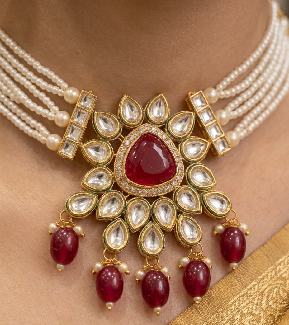 Regal Pearl & Ruby Statement Choker Set