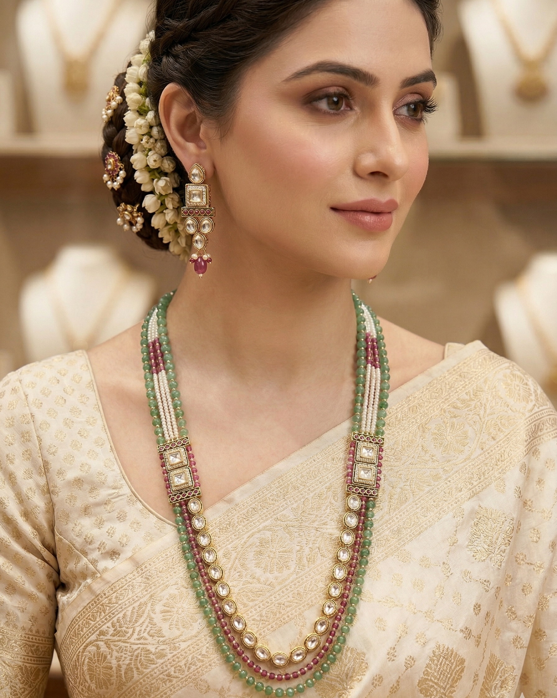 Elegant Polki Kundan Multi-Strand Necklace Set