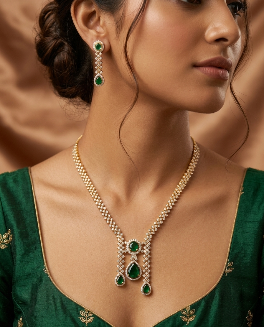 Elegant American Diamond Necklace Set in Ganga Jamuna Polish