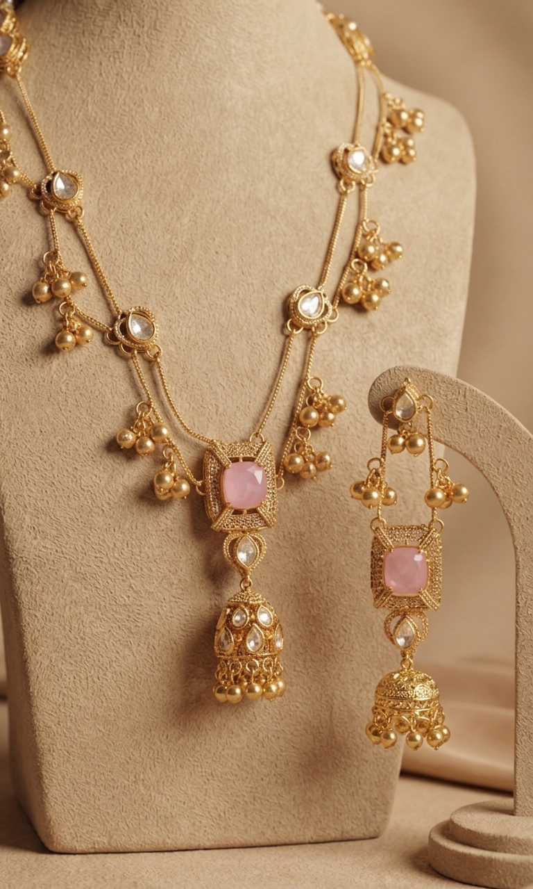 Regal Combination of Kundan American Diamond Necklace Set with Real Ghungroo