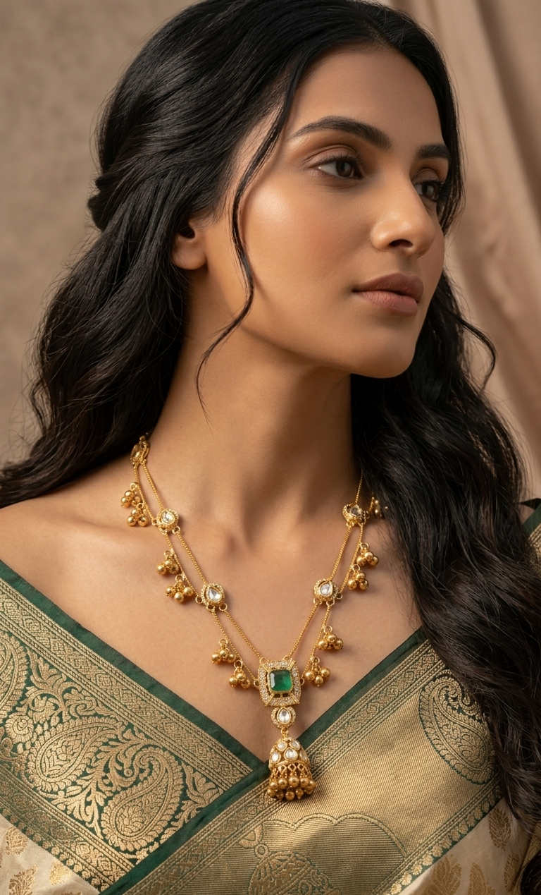 Regal Combination of Kundan American Diamond Necklace Set with Real Ghungroo