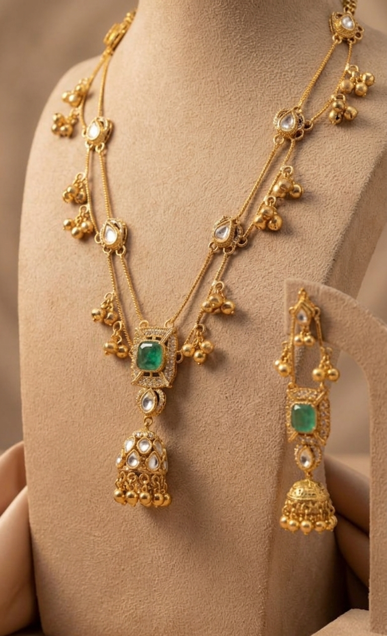 Regal Combination of Kundan American Diamond Necklace Set with Real Ghungroo