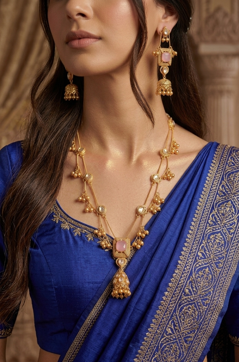 Regal Combination of Kundan American Diamond Necklace Set with Real Ghungroo
