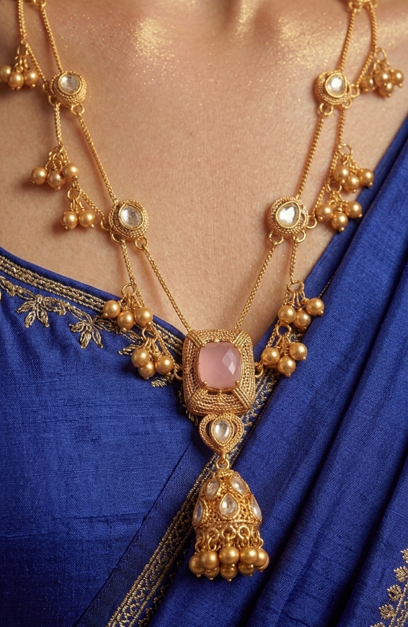 Regal Combination of Kundan American Diamond Necklace Set with Real Ghungroo