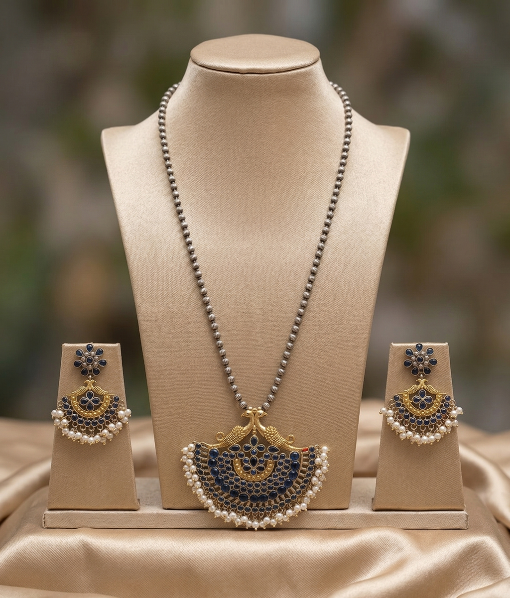 Royal Peacock Silver Replica Necklace Set with Midnight Blue Stones