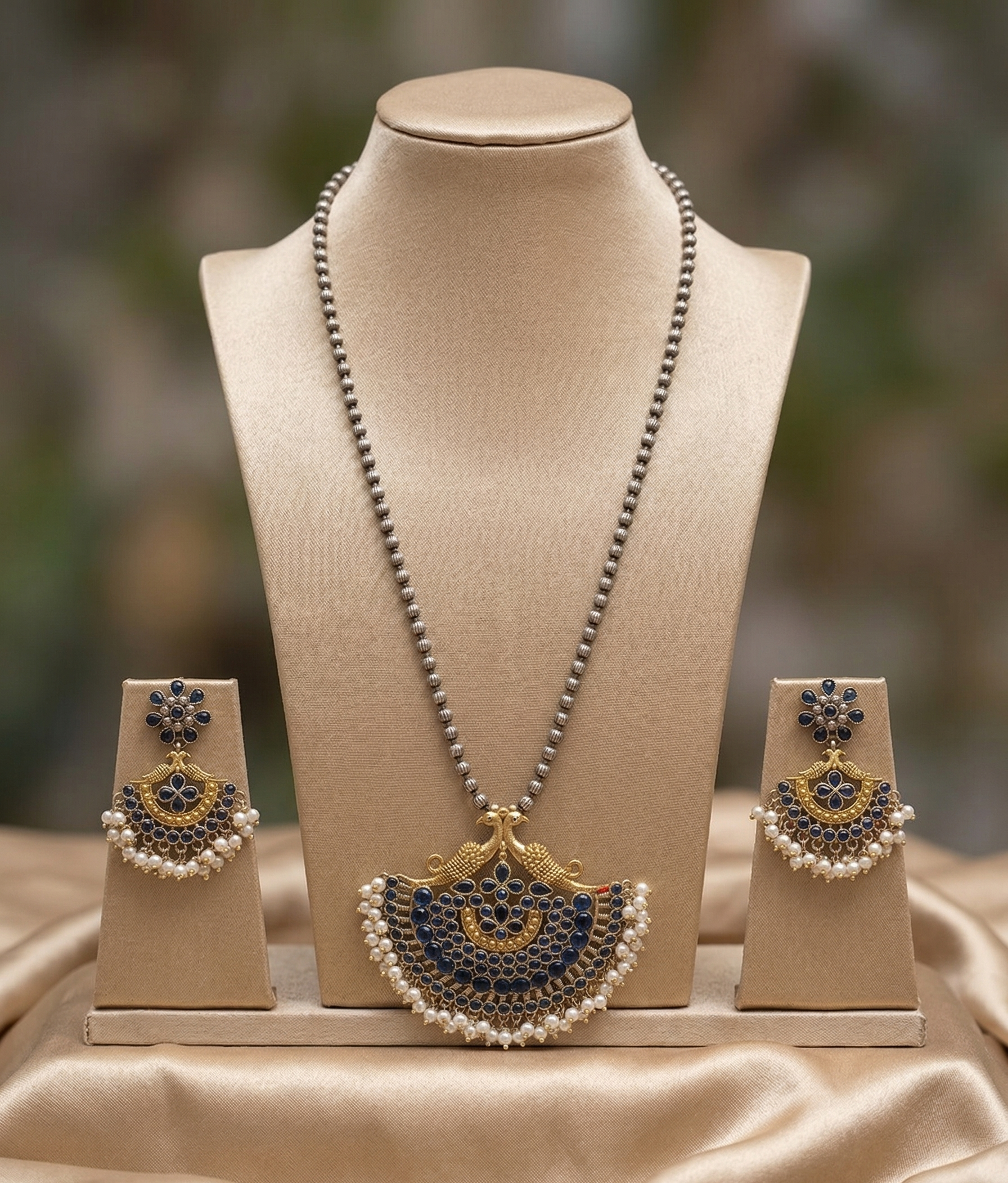 Royal Peacock Silver Replica Necklace Set with Midnight Blue Stones