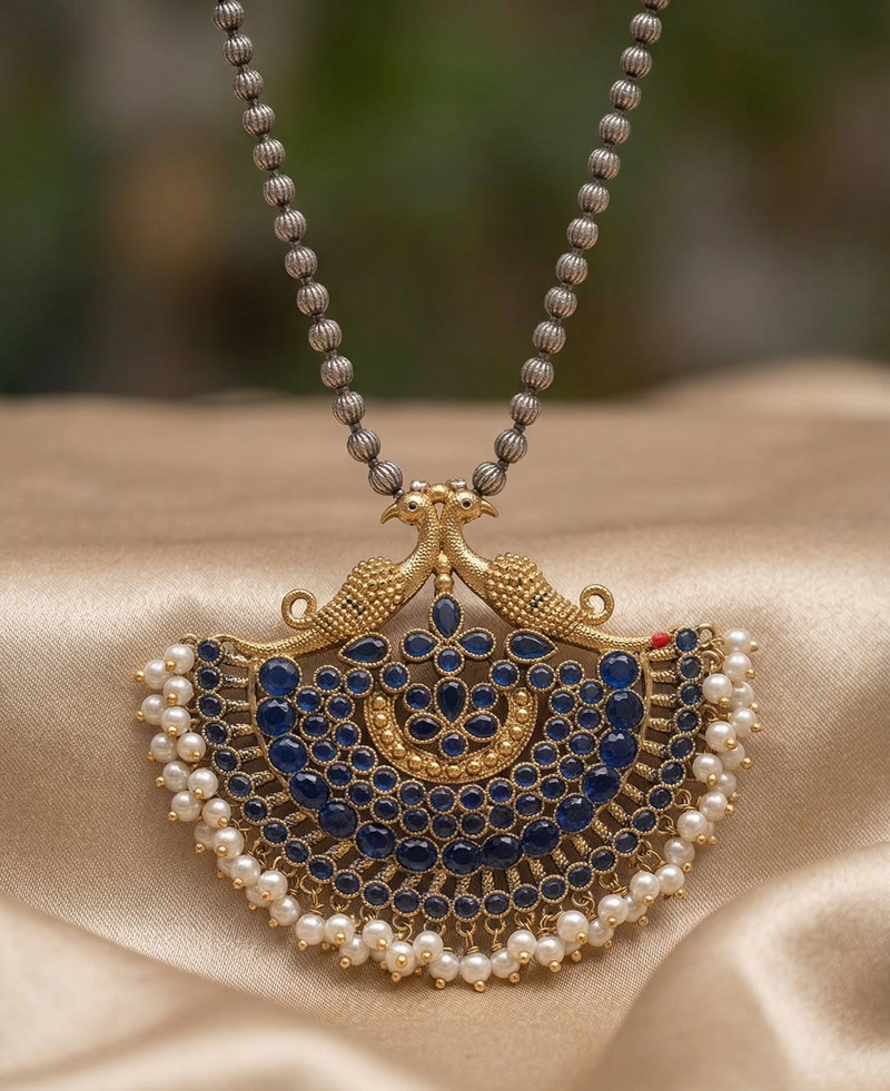 Royal Peacock Silver Replica Necklace Set with Midnight Blue Stones