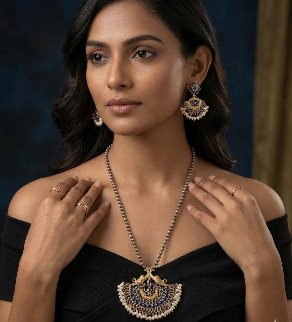 Royal Peacock Silver Replica Necklace Set with Midnight Blue Stones