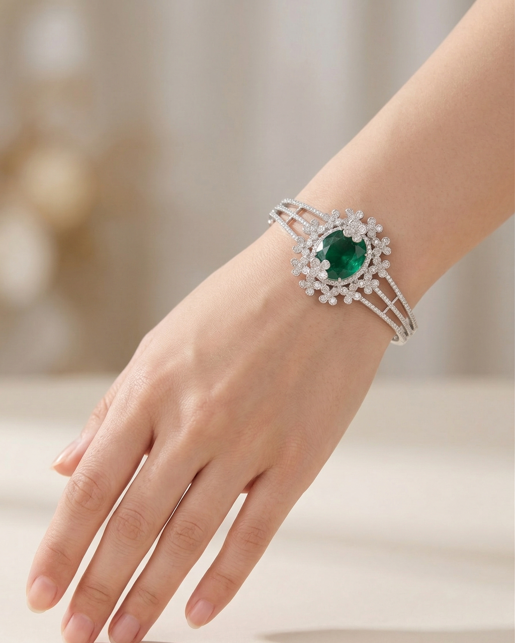 Sea Green Elegance American Diamond Bracelet in Rhodium Polish