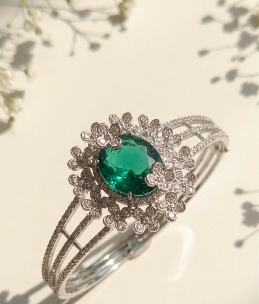 Sea Green Elegance American Diamond Bracelet in Rhodium Polish