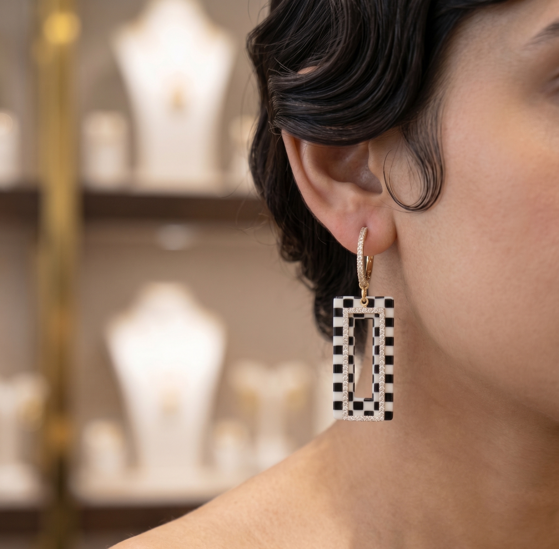 Western Anti-Tarnish Checkered Drop Earrings