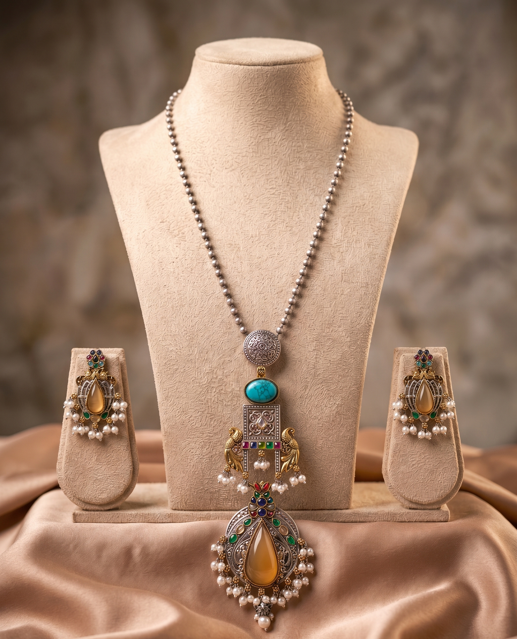 Dual Tone Long Silver Necklace Set