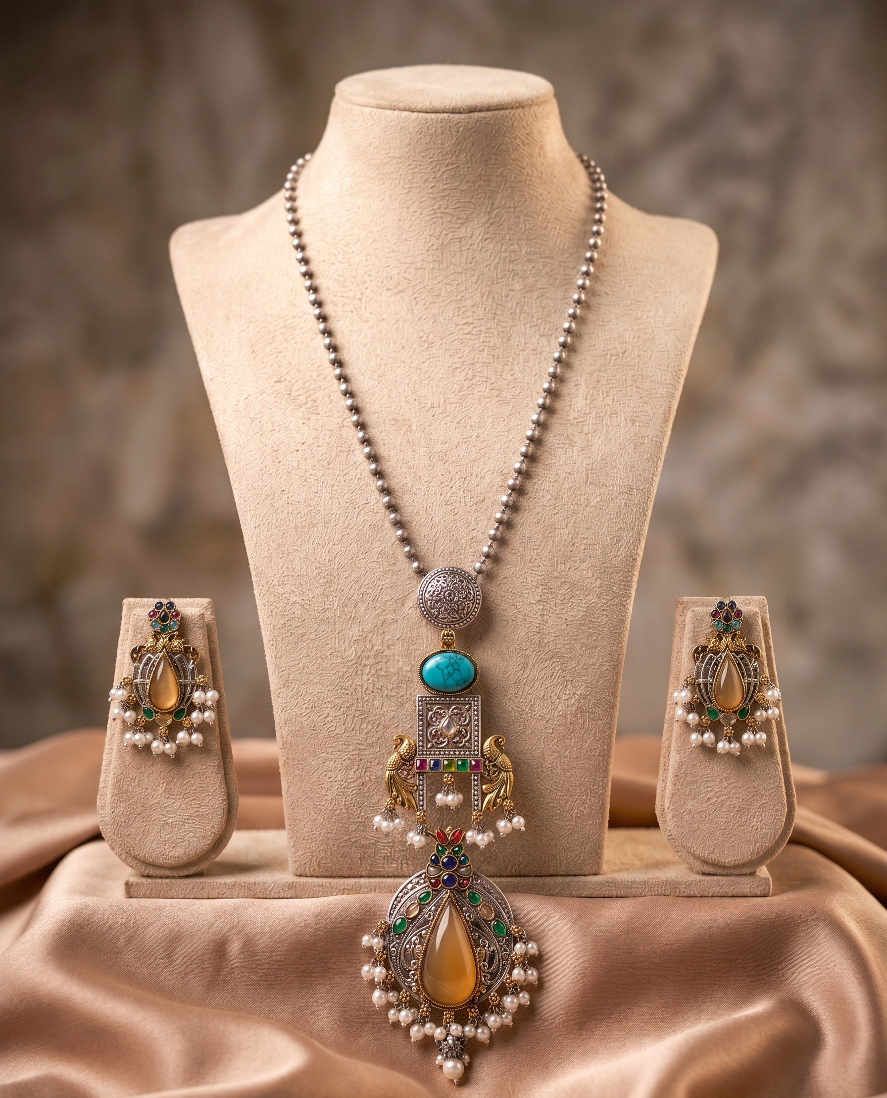 Dual Tone Long Silver Necklace Set