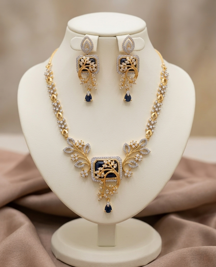 Midnight Blue American Diamond Necklace Set in Premium GJ Polish