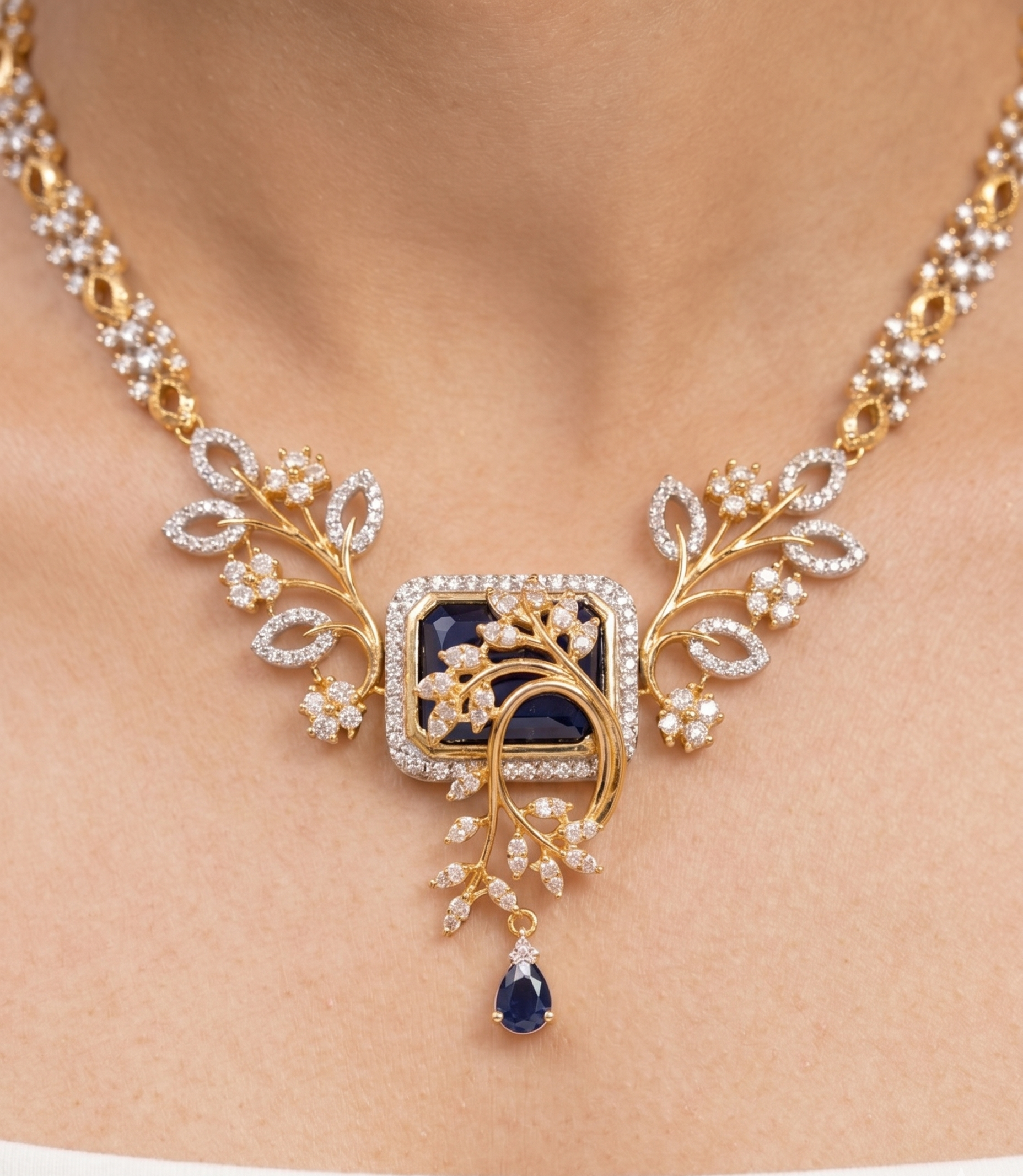 Midnight Blue American Diamond Necklace Set in Premium GJ Polish