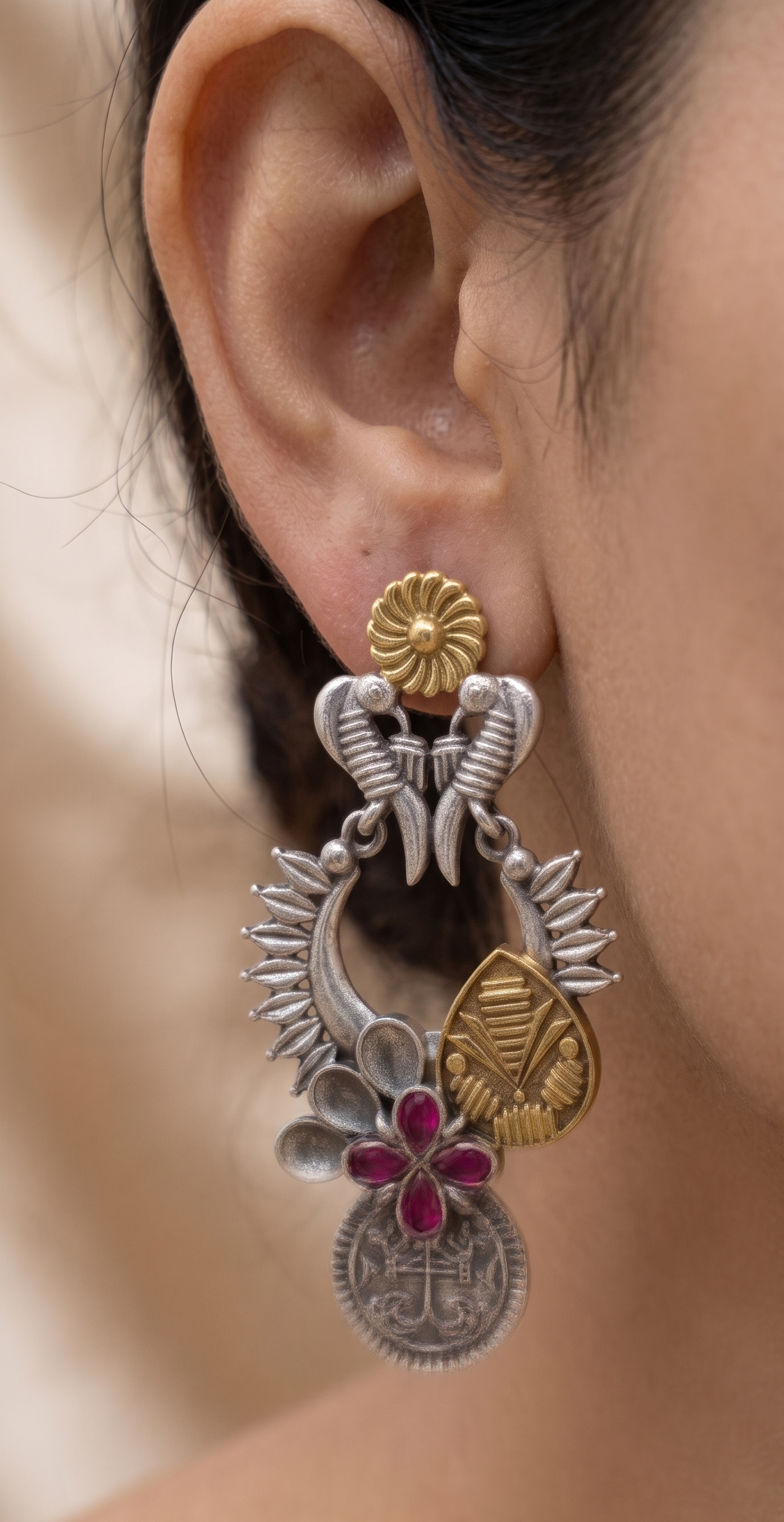 Dual Tone Silver Replica Statement Earrings