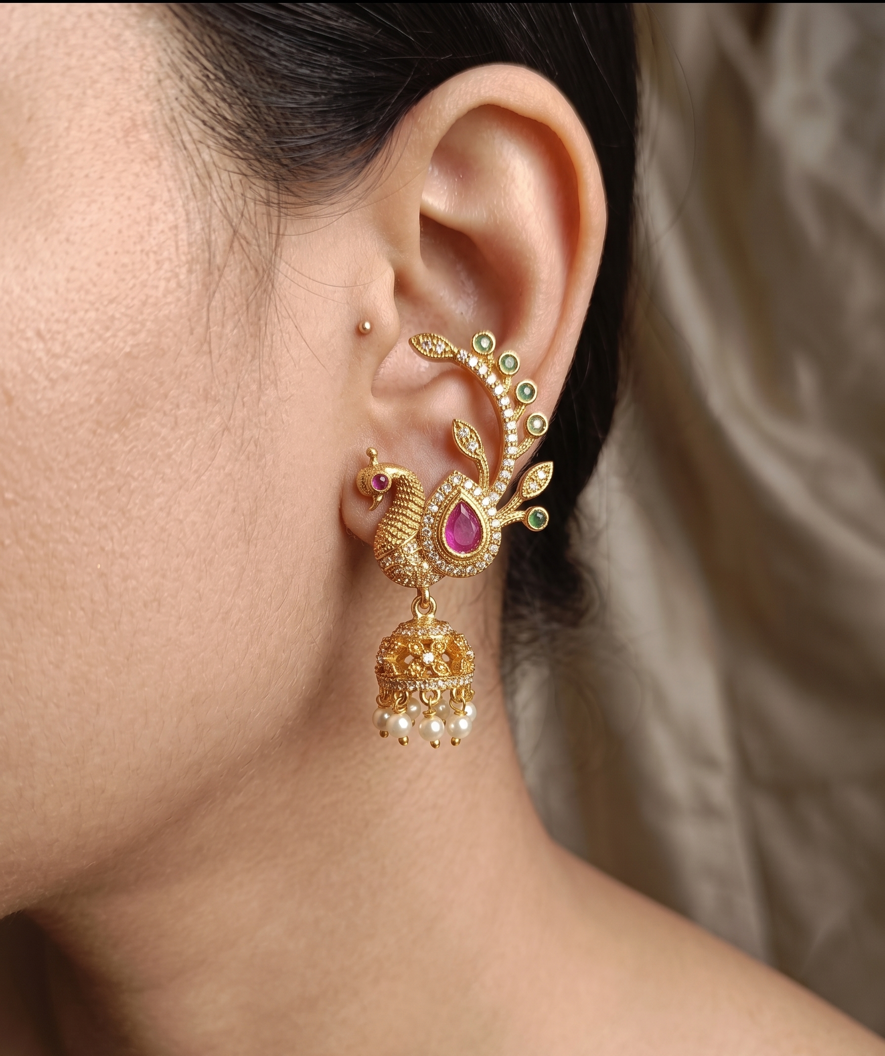 Peacock Design Gold Plated Jhumka Earrings