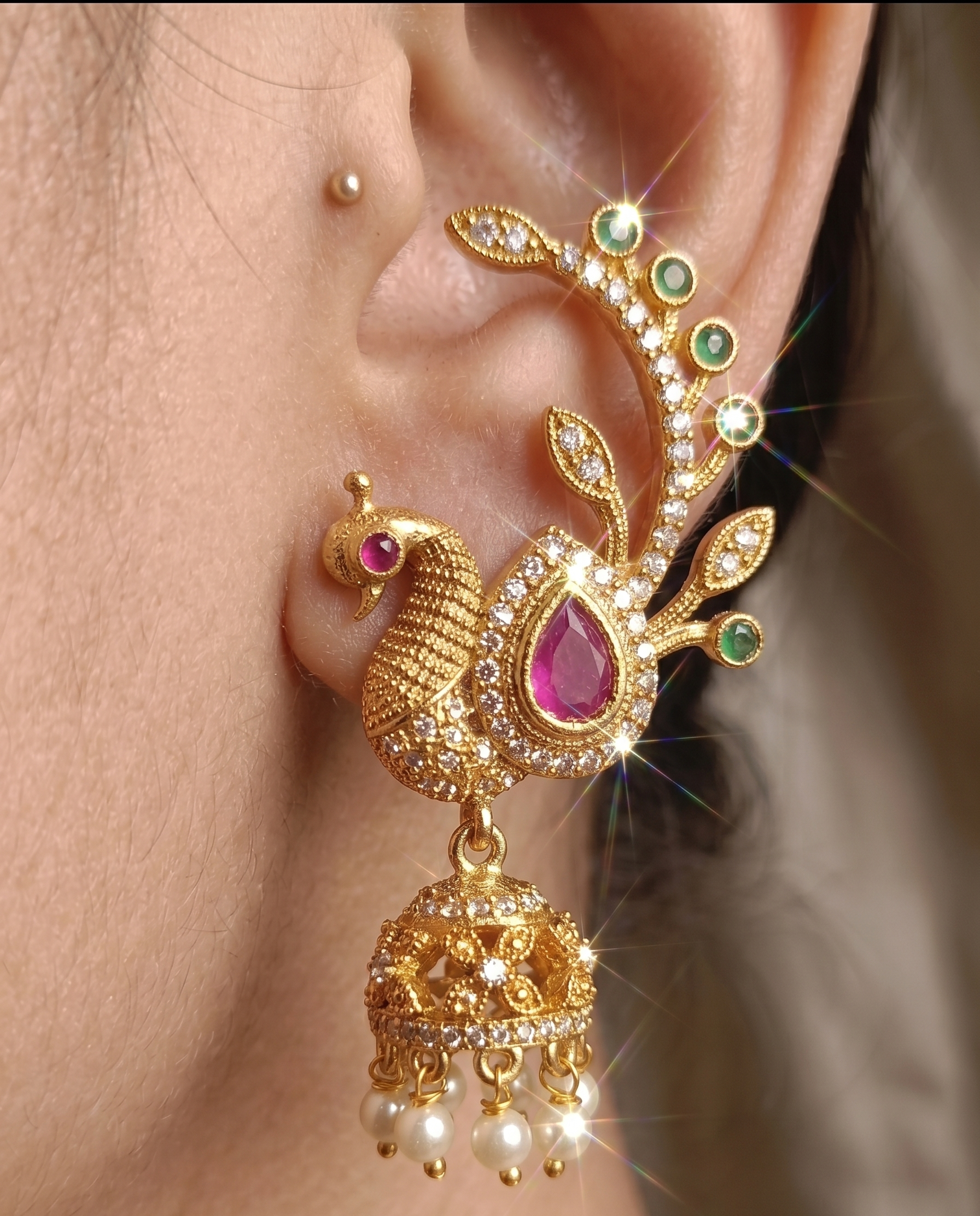 Peacock Design Gold Plated Jhumka Earrings
