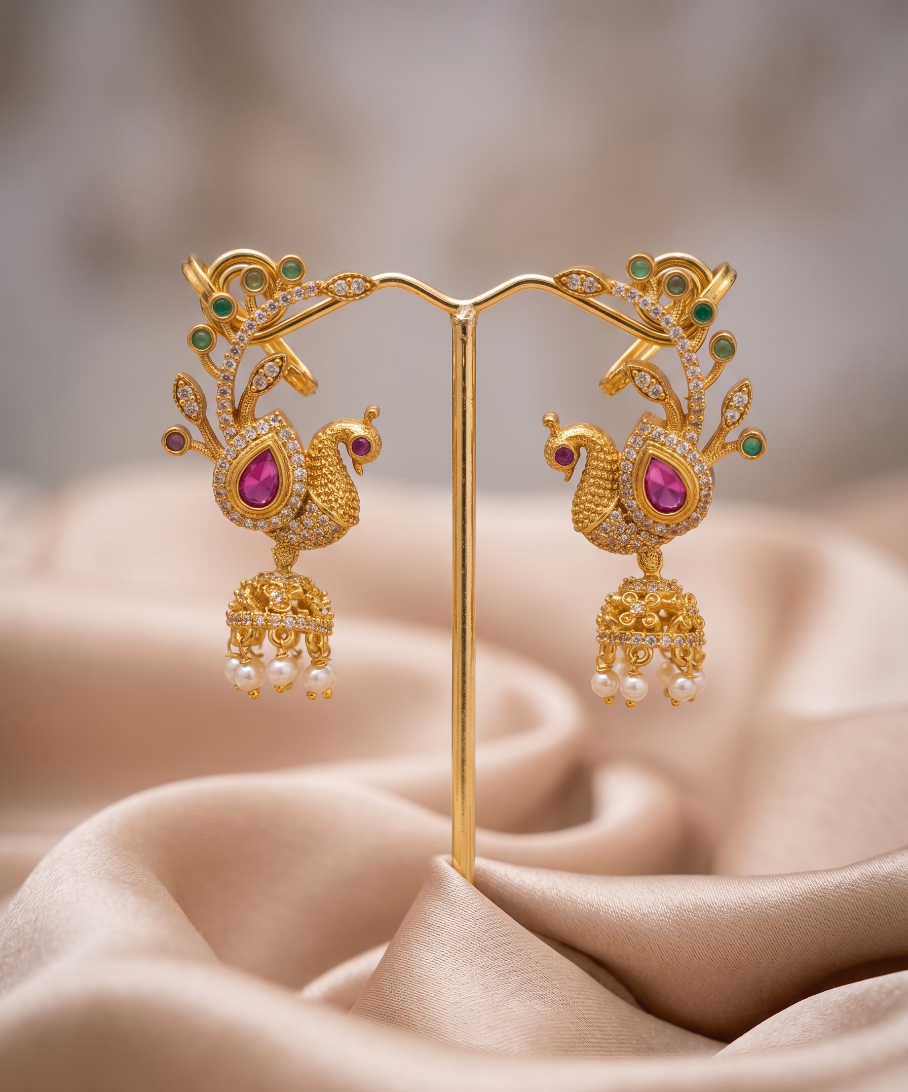 Peacock Design Gold Plated Jhumka Earrings