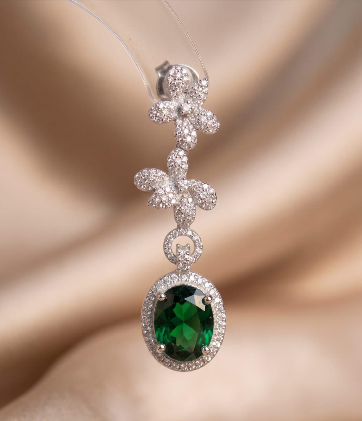 Emerald Green American Diamond Floral Drop Earrings