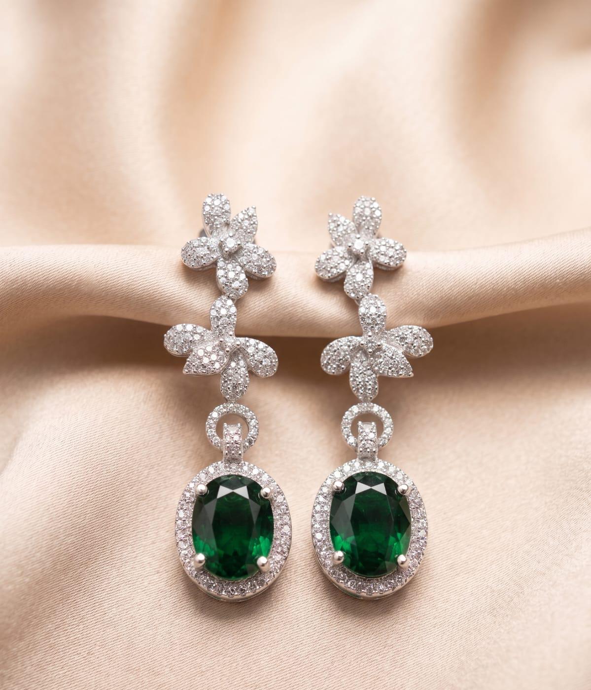 Emerald Green American Diamond Floral Drop Earrings