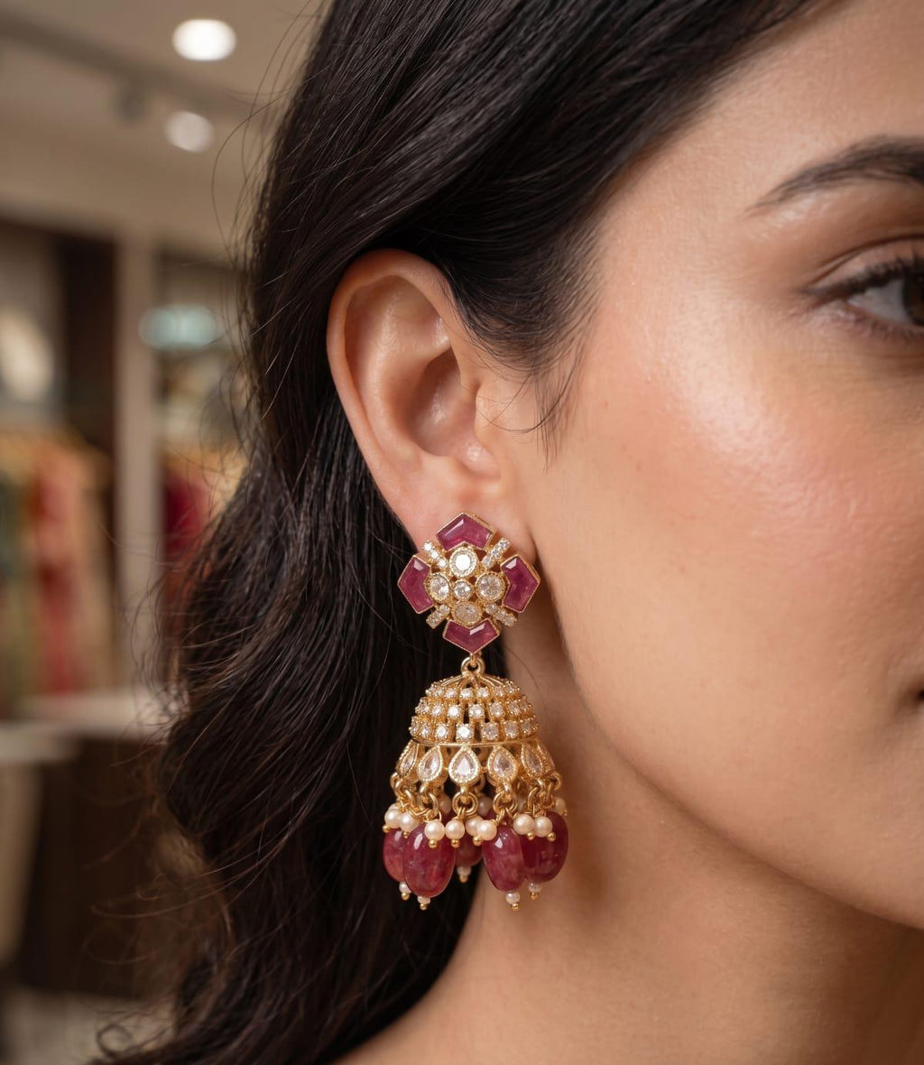 18 Carat Gold Plated Royal Ruby Kundan Jhumkas