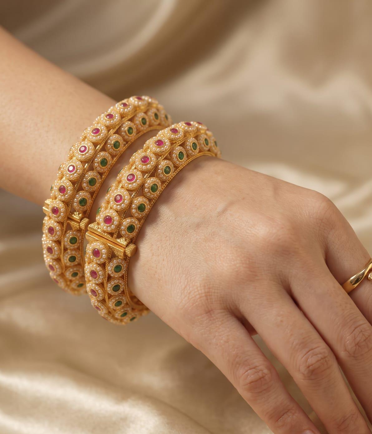 Royal Pearl Stone Gold Plated Bangles