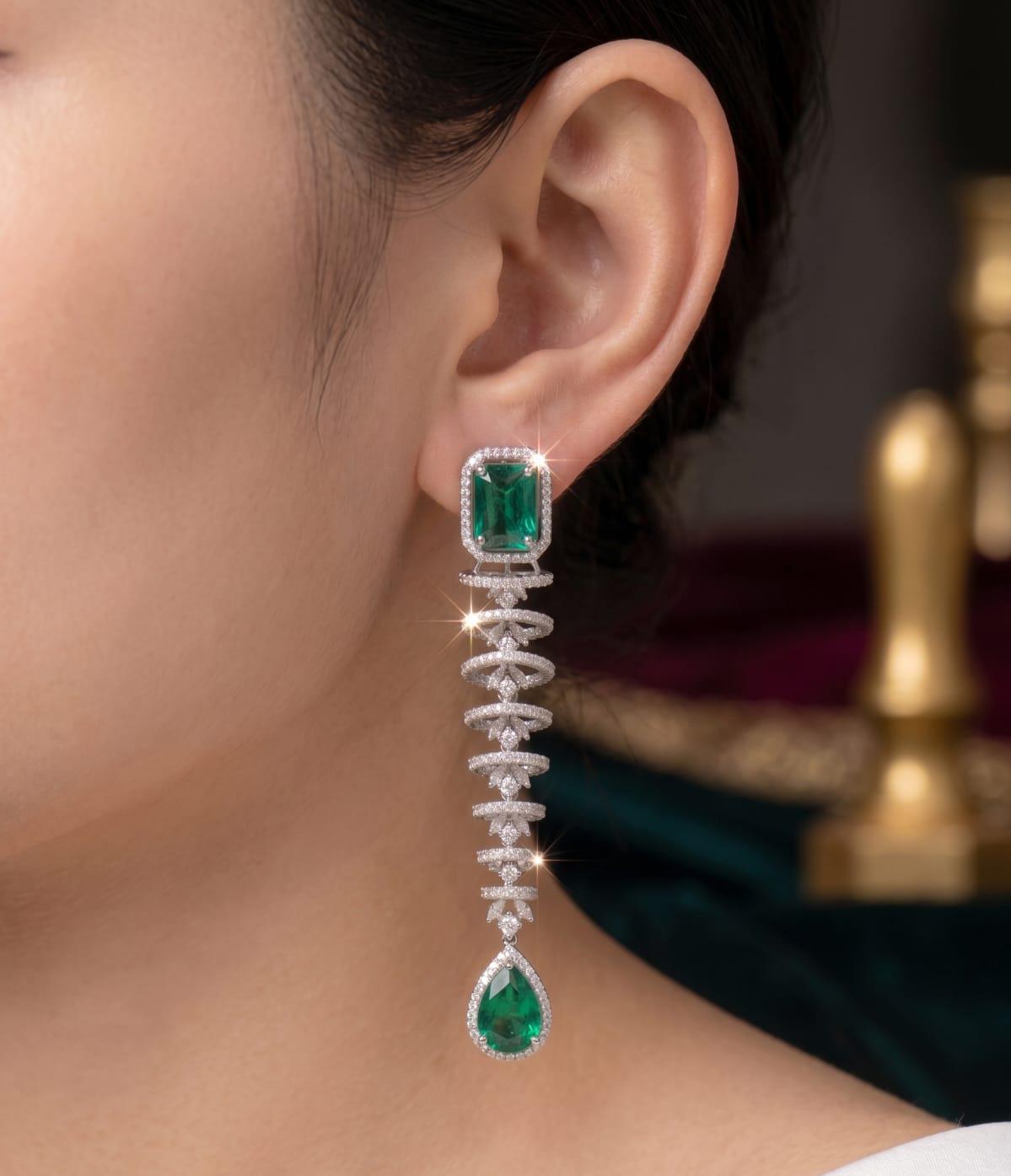 Emerald American Diamond Long Drop Earrings  Description: