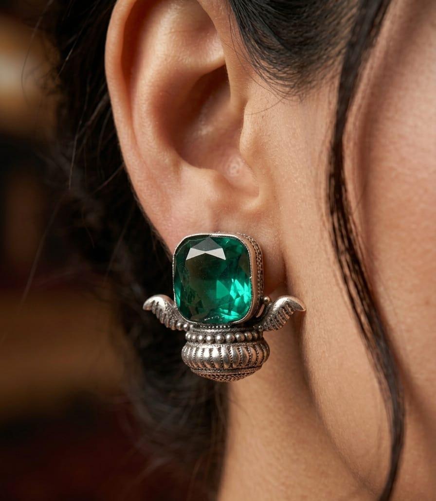 Premium Silver Replica Emerald Studs