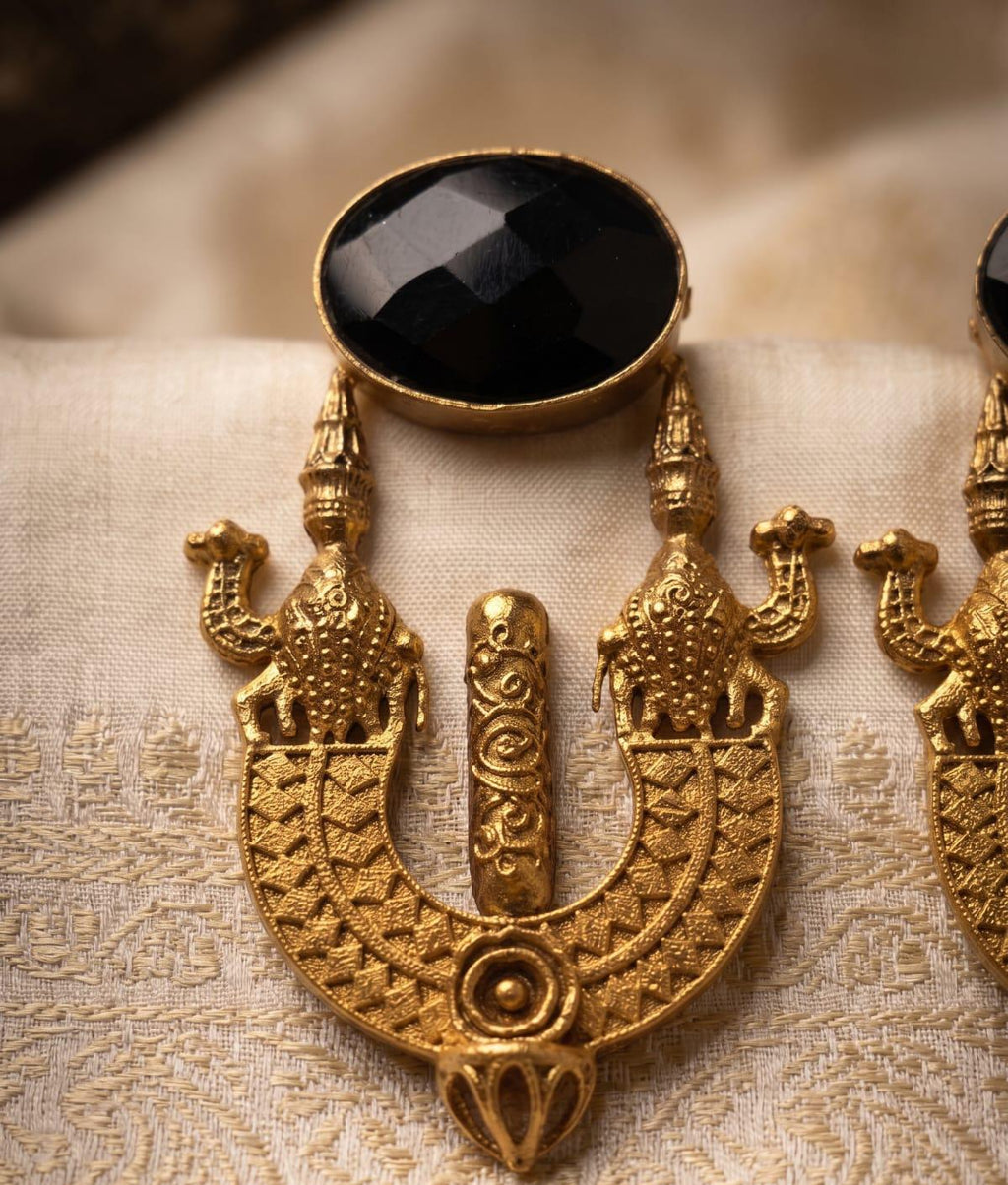Silver Replica Amrapali Style Earrings with Black Mona Lisa Stone