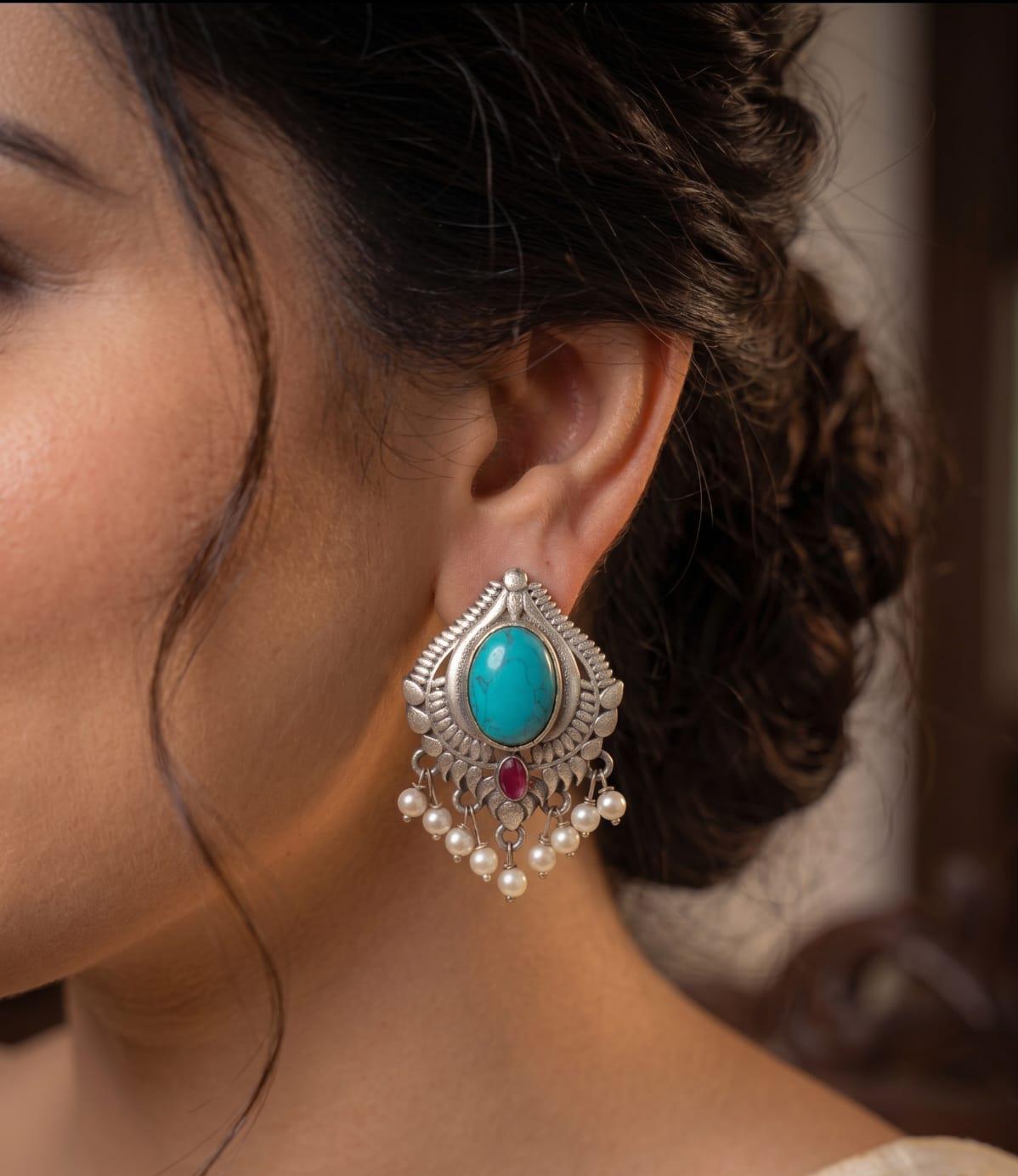 Premium Silver Replica Turquoise Pearl Studs  Description: