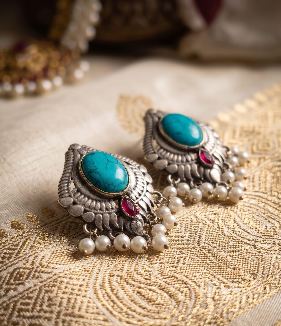 Premium Silver Replica Turquoise Pearl Studs  Description: