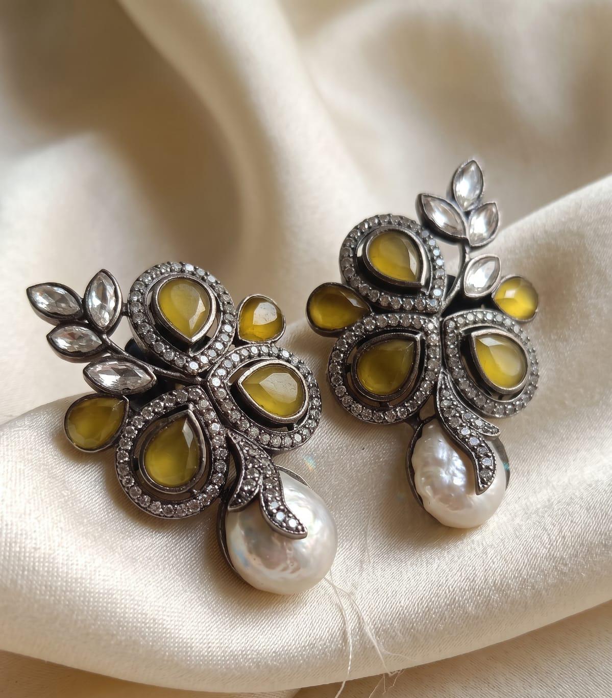 Black Polish American Diamond Monalisa & Baroque Pearl Earrings