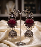 Royal Red Silver Replica Jhumki | Statement Earrings