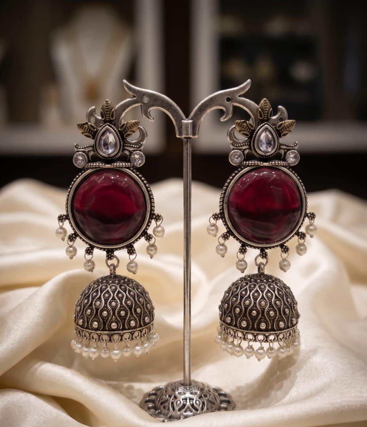 Royal Red Silver Replica Jhumki | Statement Earrings
