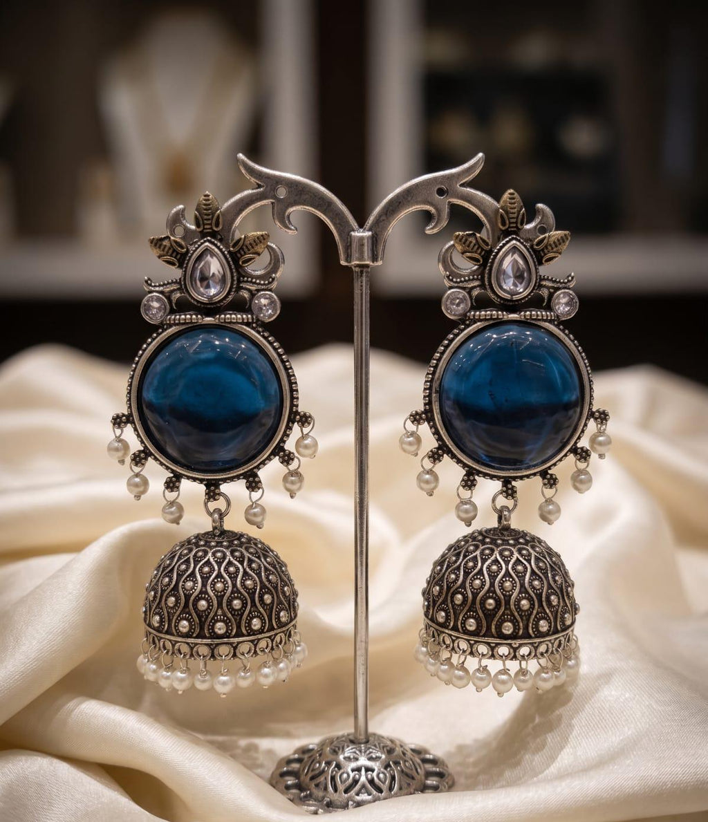 Royal Blue Silver Replica Jhumki | Statement Earrings