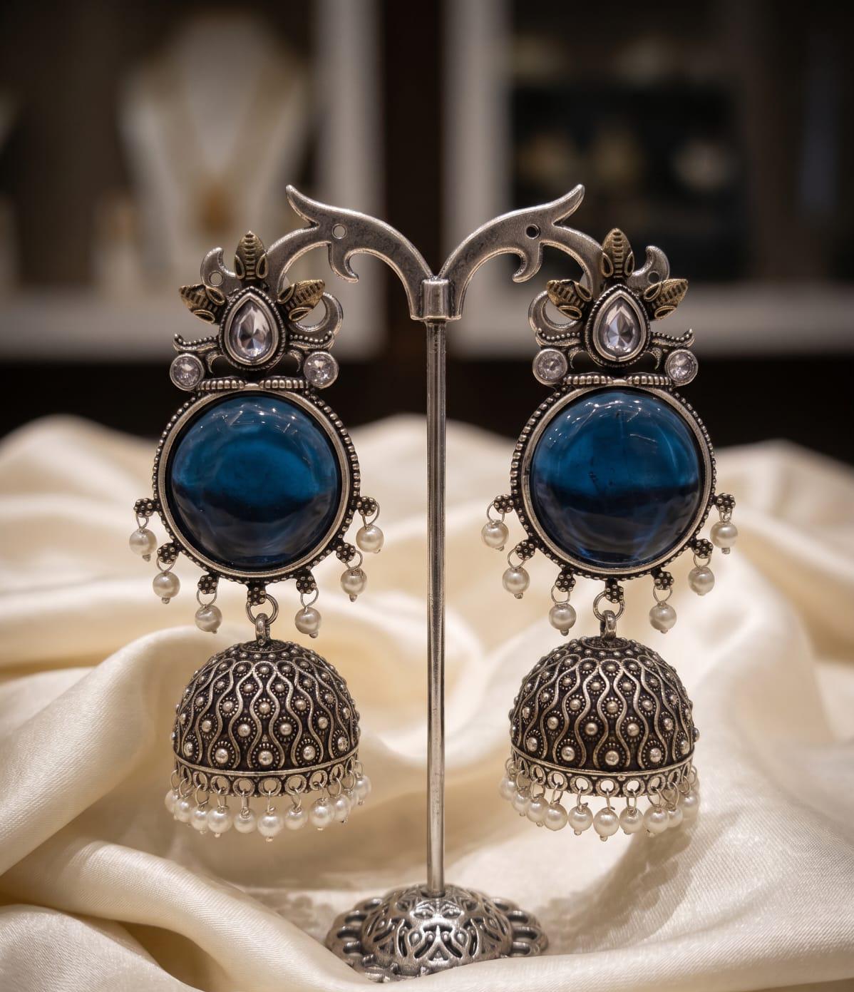 Royal Blue Silver Replica Jhumki | Statement Earrings