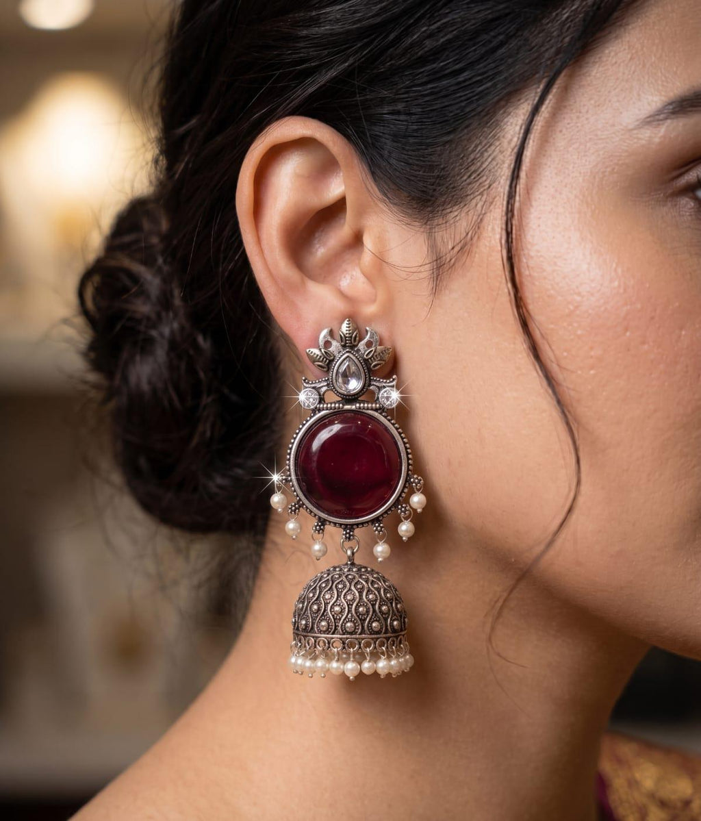Royal Red Silver Replica Jhumki | Statement Earrings