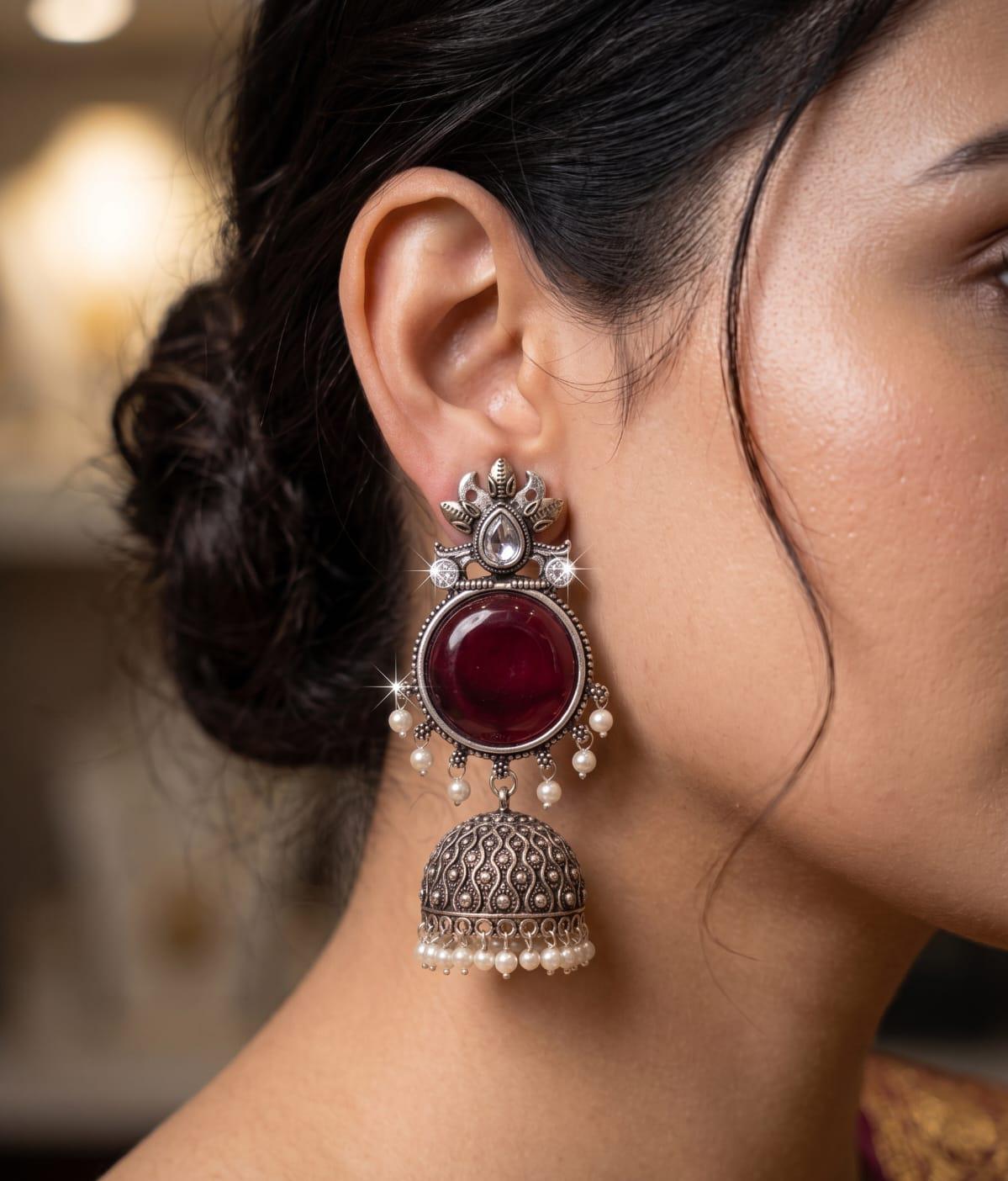 Royal Red Silver Replica Jhumki | Statement Earrings