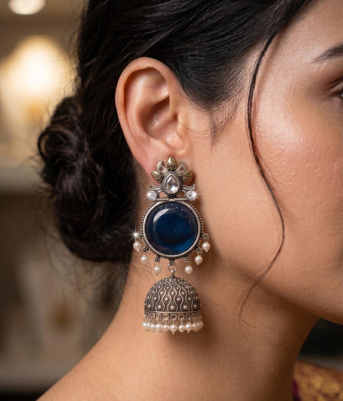 Royal Blue Silver Replica Jhumki | Statement Earrings