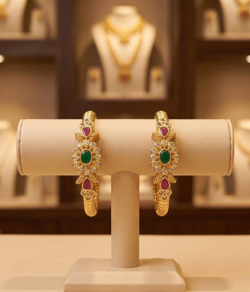 Royal Emerald American Diamond Bangles | Gold-Plated Elegance