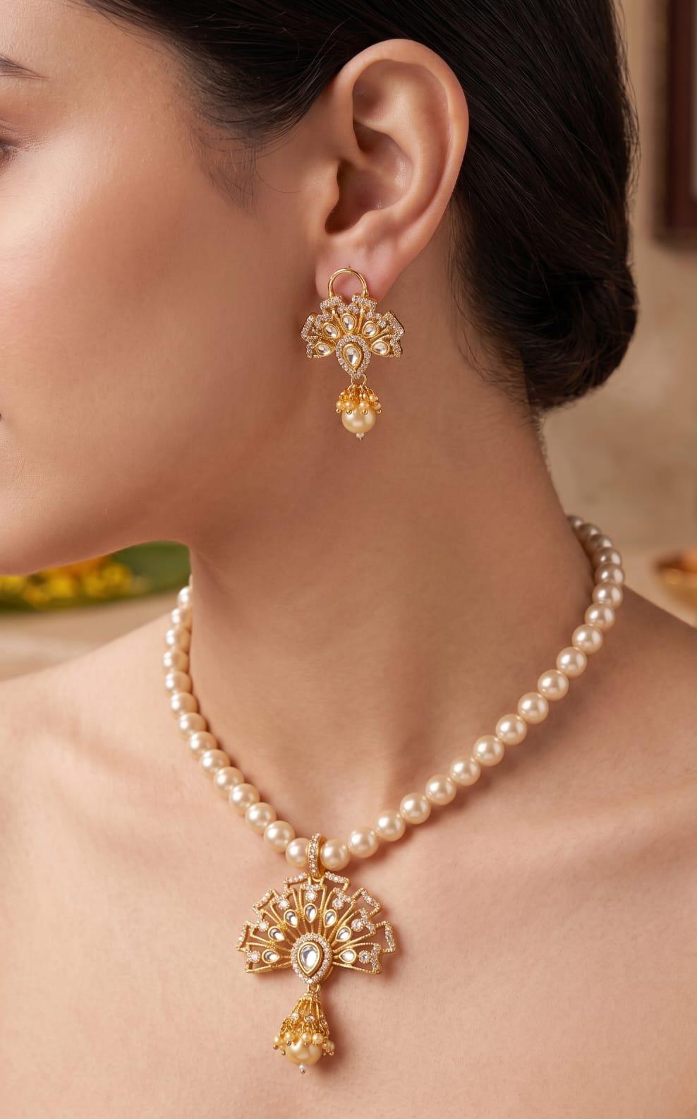 Royal Pearl Grace Necklace Set | Premium Pearl Ball Necklace with 18K Gold Plated Kundan & American Diamond Pendant