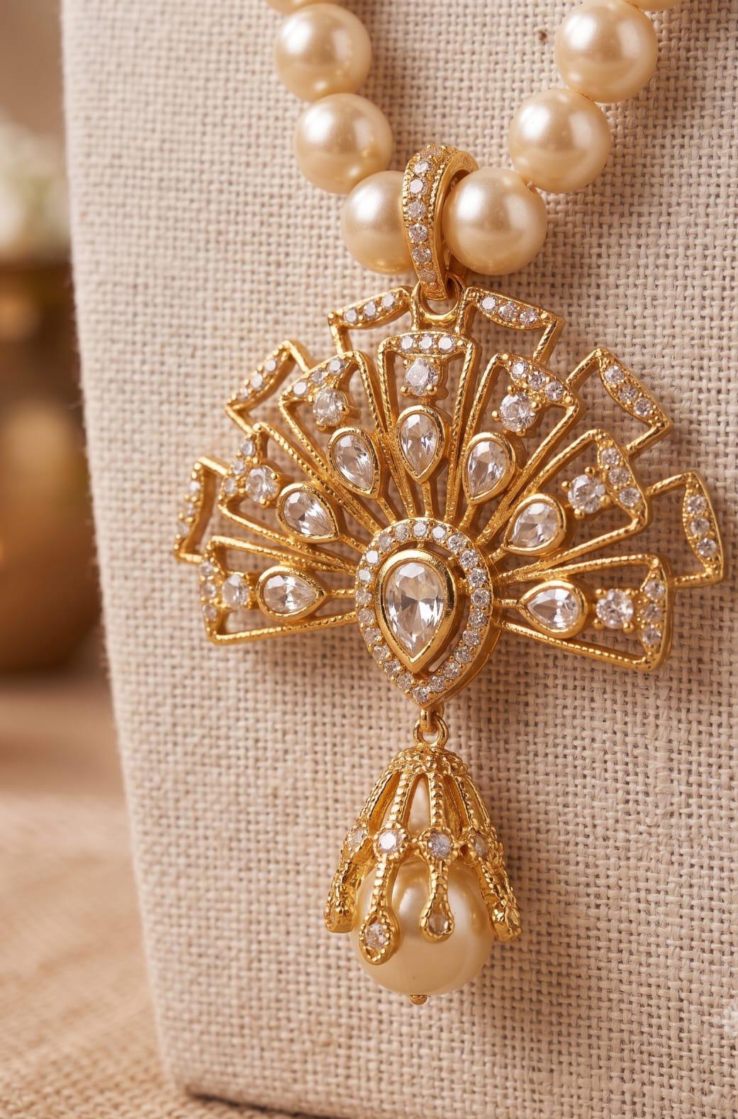 Royal Pearl Grace Necklace Set | Premium Pearl Ball Necklace with 18K Gold Plated Kundan & American Diamond Pendant