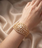 Premium Broad Kundan & American Diamond Gold Polish Kada( Fits Up to Size 2.6)